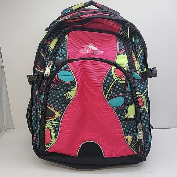 HIGH SIERRA Backpack Diaper Bag Laptop Tech Spot Padded Black Pink Neon Shapes - Picture 1 of 12